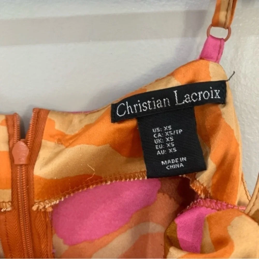 ✅ Christian Lacroix Dress Keyhole Midi Satin in Pink Orange